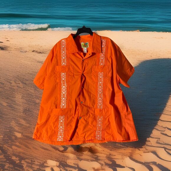 The Genuine Haband Guayabera 2XL Short Sleeve SnapUp Shirt  Orange 4 Front Pocke - Picture 1 of 12